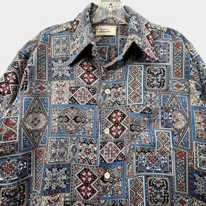 Vintage Golden Arrow Button Up Disco Shirt Mens Large Blue Geometric Long Sleeve